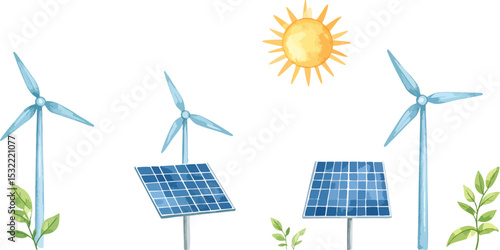 Green wind power station renewable with solar panels, turbines generating clean electricity under blue sky vector illustration