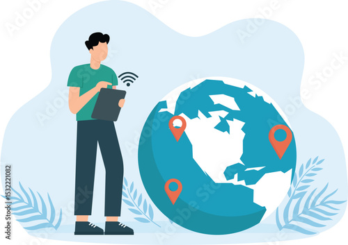 Online space with elements of technology and devices using a web connection. Man with laptop transmits and receives information, uses WiFi, satellite Internet concept
