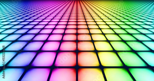 Futuristic glowing rainbow led floor background. Shining tiled plane in perspective. 3D rendering.
