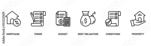 Refinance banner web icon vector illustration concept with icon of mortgage, terms, budget, debt obligation, conditions and property