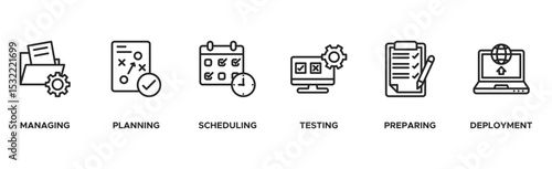 Release management banner web icon vector illustration concept with icon of managing, planning, scheduling, controlling, testing and deployment