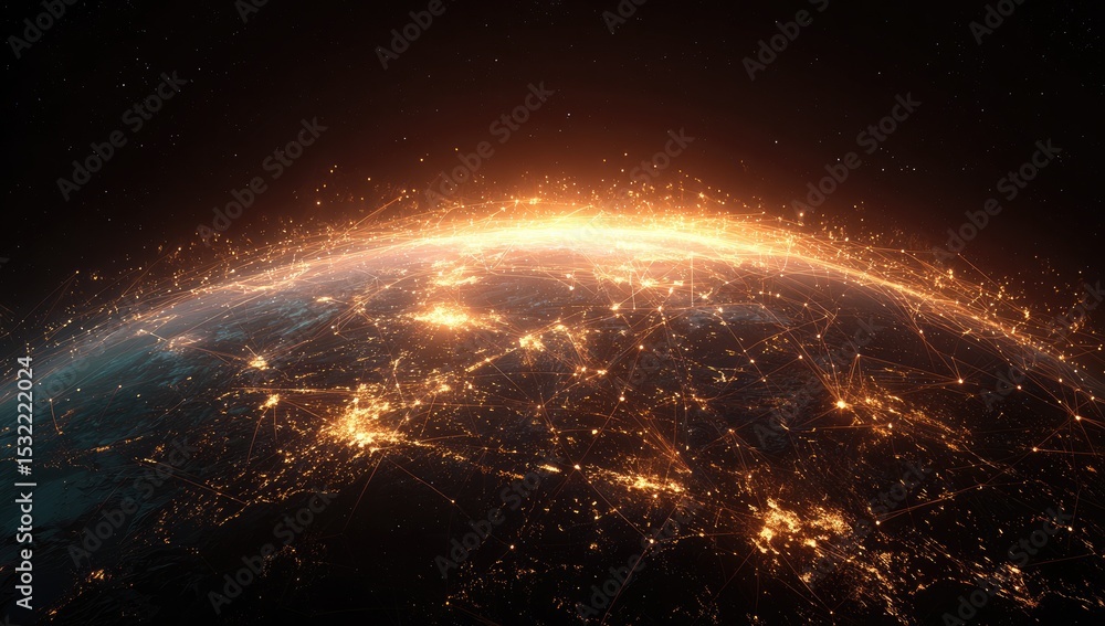 Obraz premium Glowing Earth at night, illuminated city lights and network connections forming a web across the planet, set against the dark backdrop of space