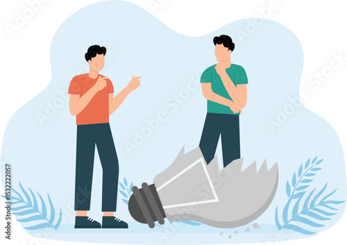 Idea bulbs people and Inspiration and crisis and geniuses persons with glowing light bulbs, persons and team with braked lamps, successful and unsuccessful solution nowadays concept
