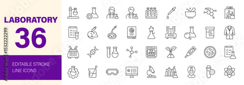 Laboratory icon set. Containing experiment, science, test tube, microscope, flask, chemical, biology, research, lab, technician and more. Editable line icons. Vector illustration.