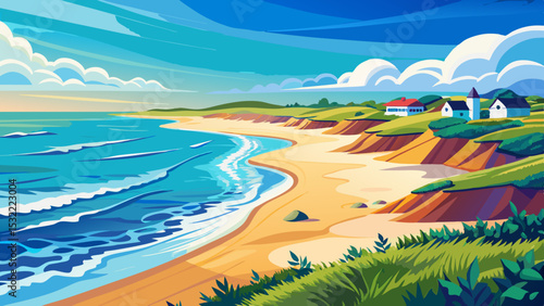 A very beautiful beach shoreline graces Nags Head in North Carolina. The Outer Banks shore, with seafoam touches and scattered shells, invites close-up vector art in soft pastels.