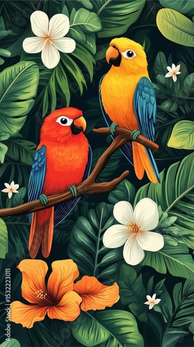 Colorful parrots perched on a tropical tree branch in a jungle setting