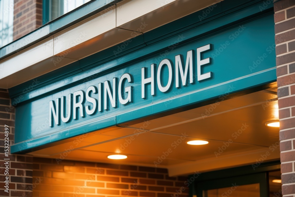 Fototapeta premium Nursing home sign on a teal building facade.