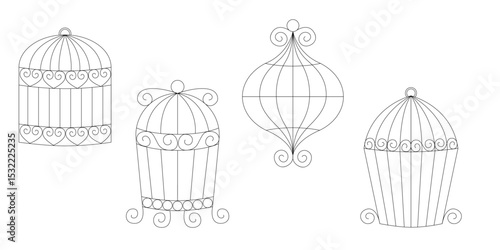 Sketch set of bird cages in doodle hand drawn line art style vector metal cage collection for birds home use decorative vintage pet housing illustration