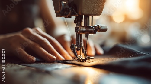 Asian seamstress using sewing machine for precise fabric stitching