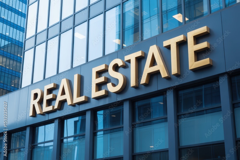 Obraz premium Gold-lettered real estate sign on a modern building facade.