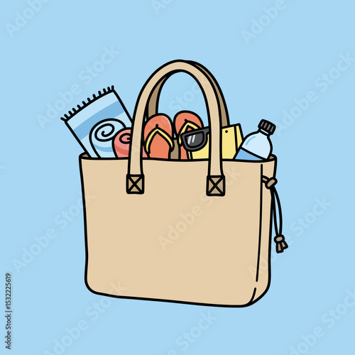 A handy bag for going to the beach or shopping. Doodle flat clipart. All objects are repainted.
