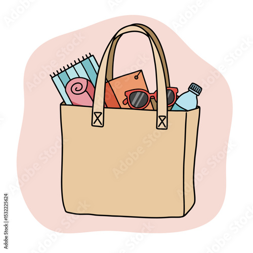 A handy bag for going to the beach or shopping. Doodle flat clipart. All objects are repainted.