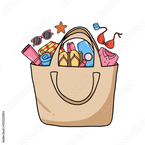 A handy bag for going to the beach or shopping. Doodle flat clipart. All objects are repainted.