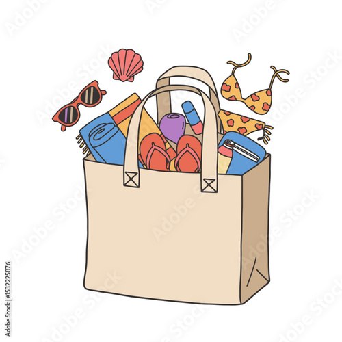 A handy bag for going to the beach or shopping. Doodle flat clipart. All objects are repainted.