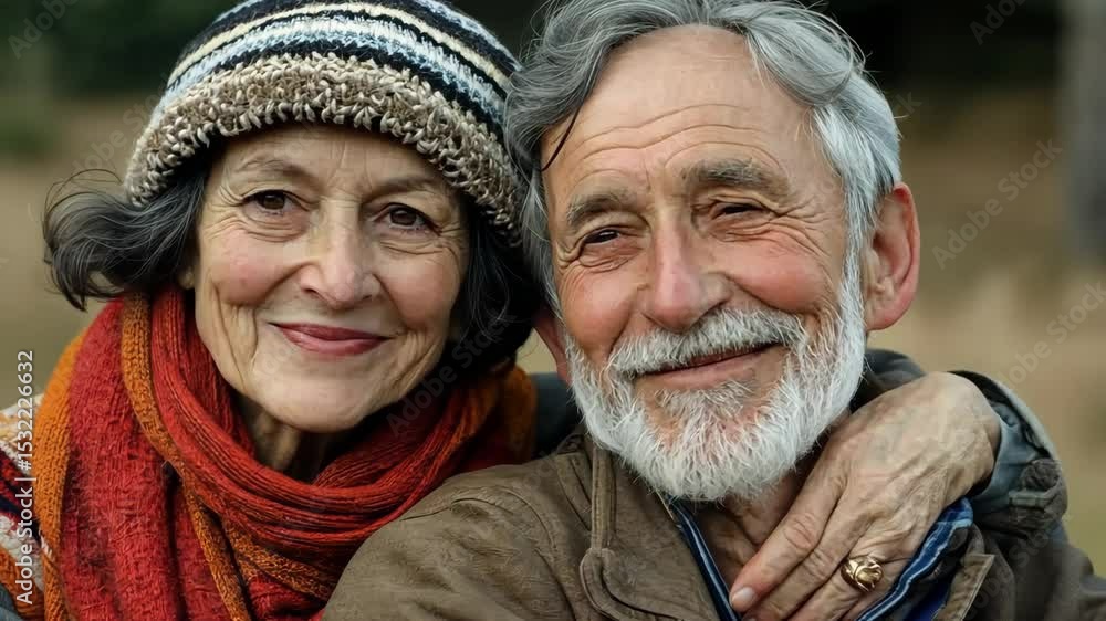 A senior Caucasian couple smiles warmly at the camera. The woman has long dark hair and wears a knitted hat and colorful scarf. The man has gray hair and a beard. Generative 4k video. A senior Caucasian couple smiles warmly at the camera. The woman has long dark hair and wears a knitted hat and colorful scarf. The man has gray hair and a beard. Generative 4k video.