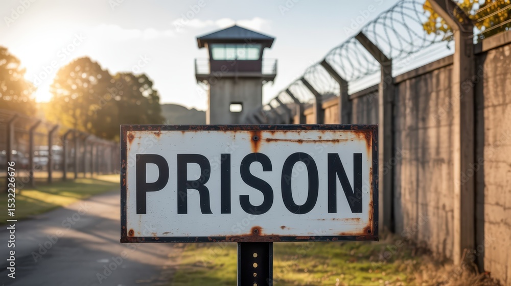 Fototapeta premium Prison sign at the entrance of a correctional facility.