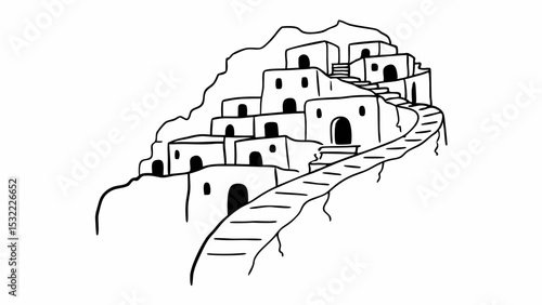 Vintage Black and White Ancient structures are nestled on hillside, connected by winding pathway