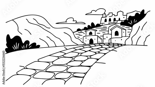 Vintage Black and White winding stone road leads through ancient buildings and hills, evoking sense of history