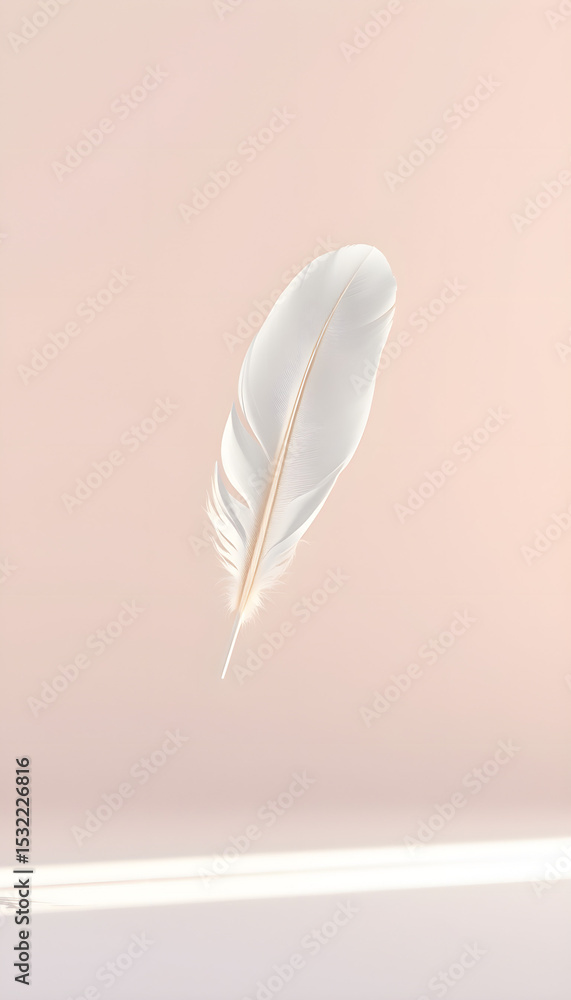 White feather floating against a soft pastel background White feather floating against a soft pastel background