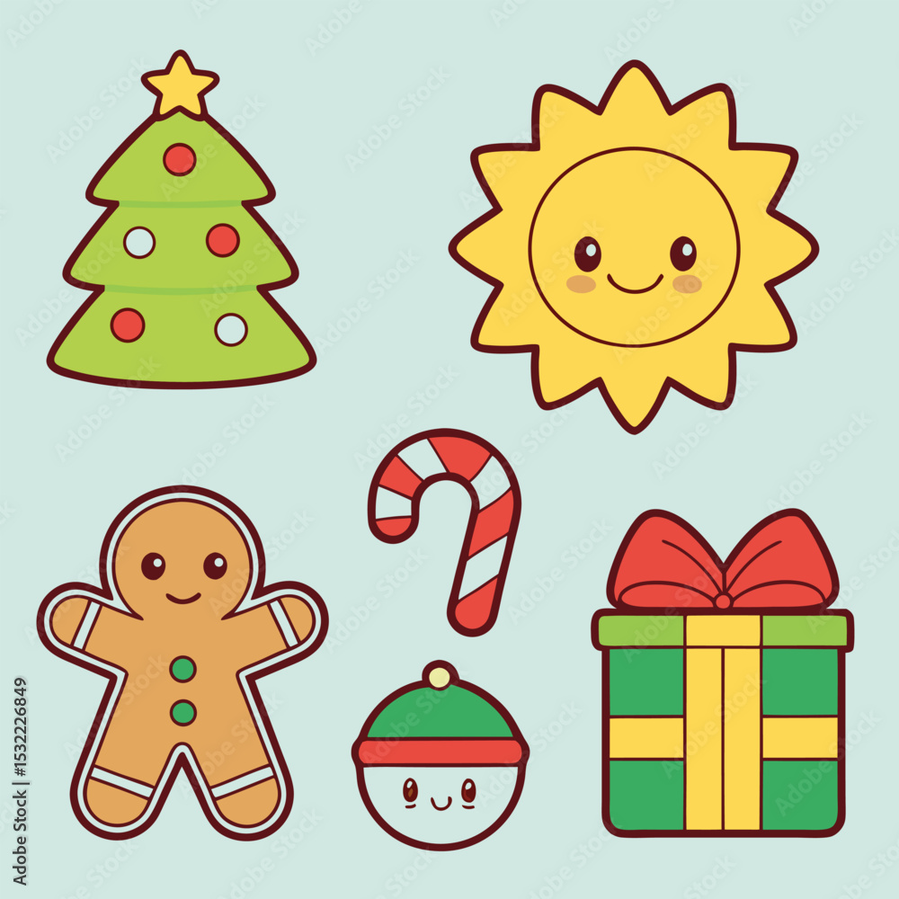 Fototapeta premium Adorable cartoon christmas decorations including a gingerbread man and a smiling sun on light blue background