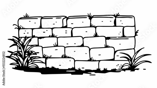 Vintage Black and White weathered stone wall built of roughly hewn blocks, surrounded by grass and plants, evokes rustic
