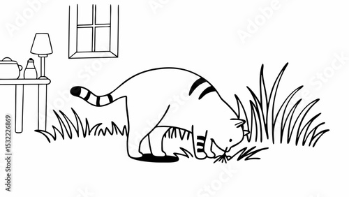 Vintage Black and White playful tabby cat explores grass in cozy outdoor setting