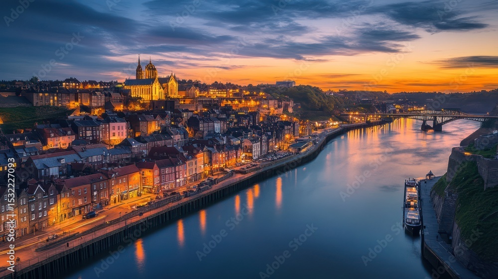 Fototapeta premium Panoramic view of a European city at twilight
