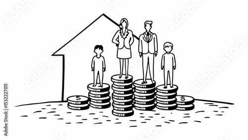 Vintage Black and White Miniature figures representing family and business success on coins, symbolizing wealth