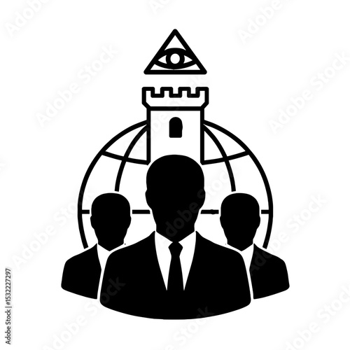 Silhouettes of businessmen in front of globe, castle tower and all-seeing eye symbol representing secret society or global elite conspiracy concept. Bilderberg Group