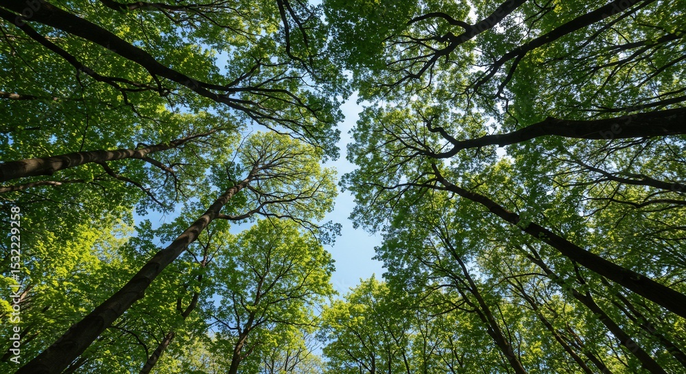 Fototapeta premium Looking Up at a Canopy of Lush Green Trees in a Forest