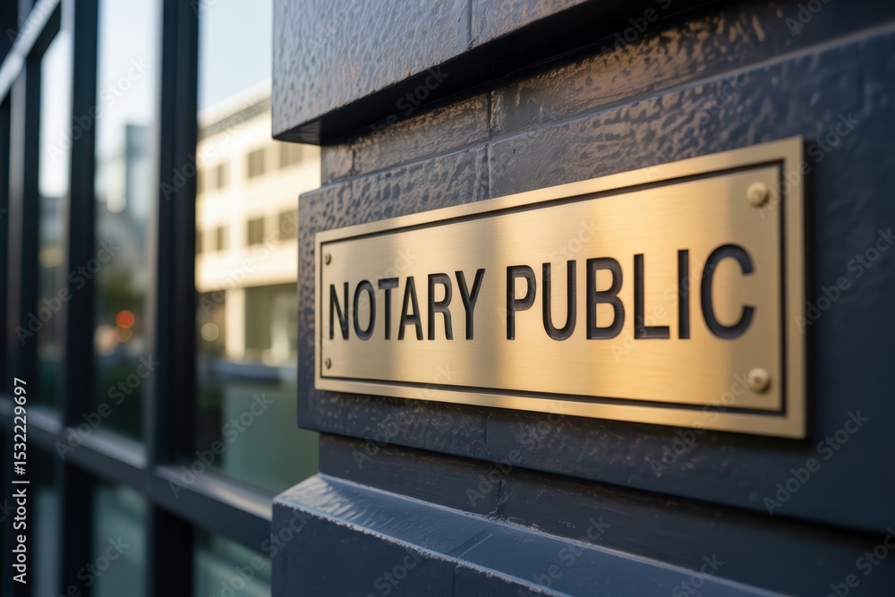 Fototapeta premium Gold-colored notary public sign on a dark gray building.