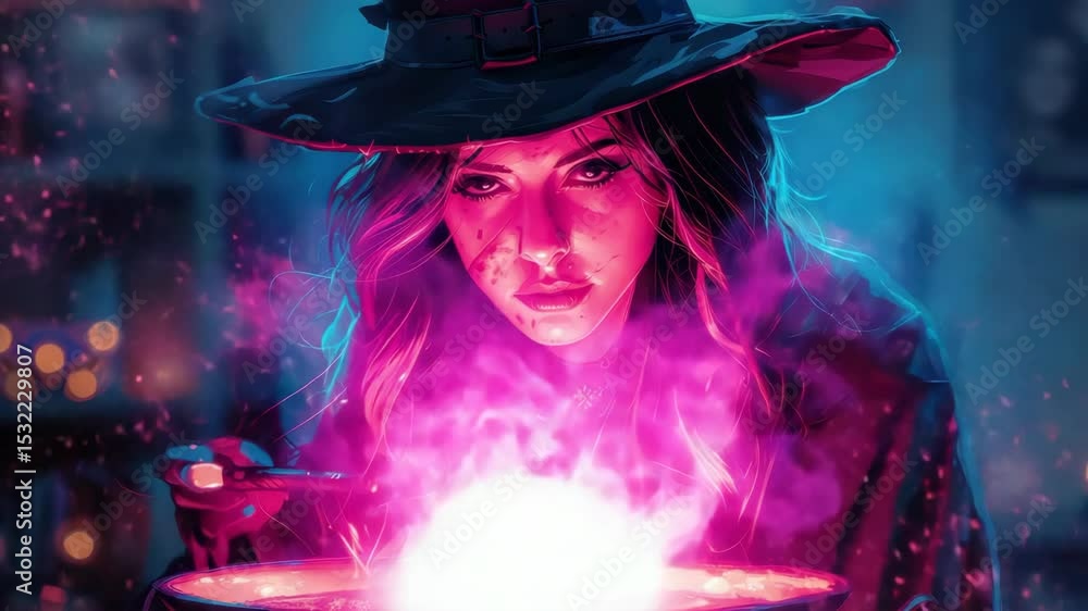Halloween witch stirring magic potion in cauldron. Mysterious woman in wide-brimmed hat brewing pink glowing liquid. Spooky Halloween concept for party invitations, decorations, or digital art. Halloween witch stirring magic potion in cauldron. Mysterious woman in wide-brimmed hat brewing pink glowing liquid. Spooky Halloween concept for party invitations, decorations, or digital art.