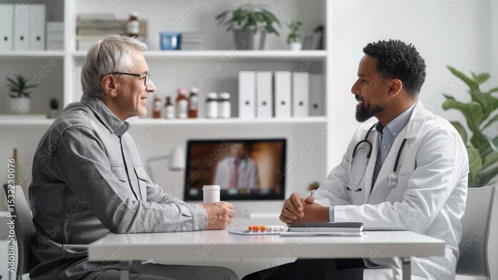 Doctor consultation with senior patient discussing health issues. Doctor provides medical advice and prescriptions to elderly man during appointment. Doctor consultation with senior patient discussing health issues. Doctor provides medical advice and prescriptions to elderly man during appointment.