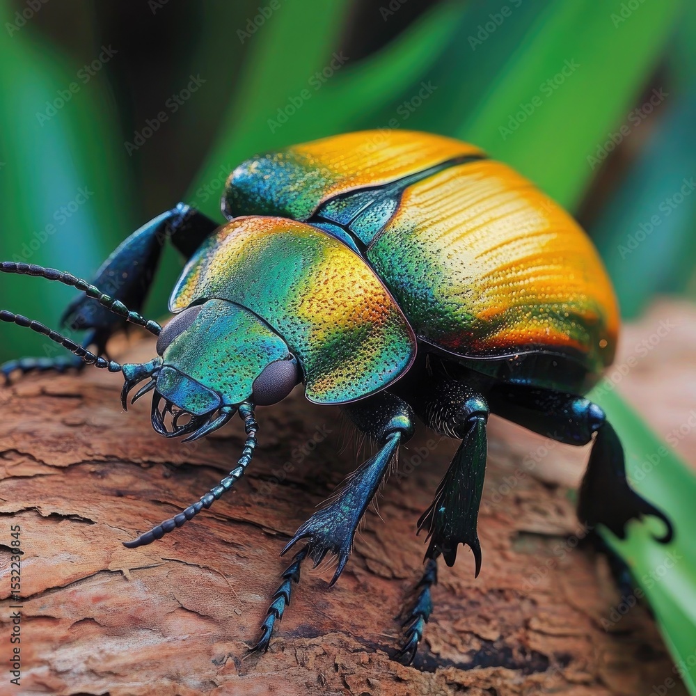 Naklejka premium Close-up of a colorful beetle on a log