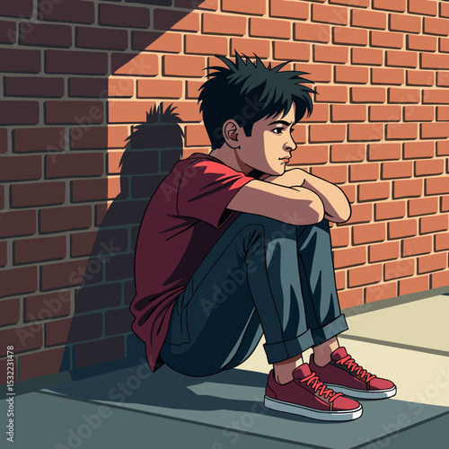 Young boy sitting against brick wall looking pensive in daylight  