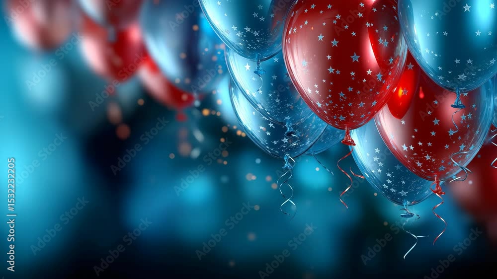 Festive balloons decorated with silver star patterns float upward with copy space. Abstract for Memorial Day, 4th of July, Labor Day.
