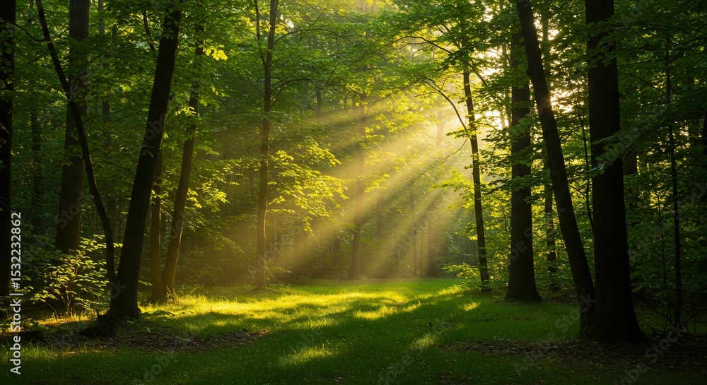 Obraz premium Sunbeams Illuminating a Lush Green Forest at Dawn