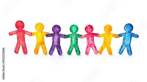 A group of colorful paper cutout people standing in a row, holding hands, against a white background.