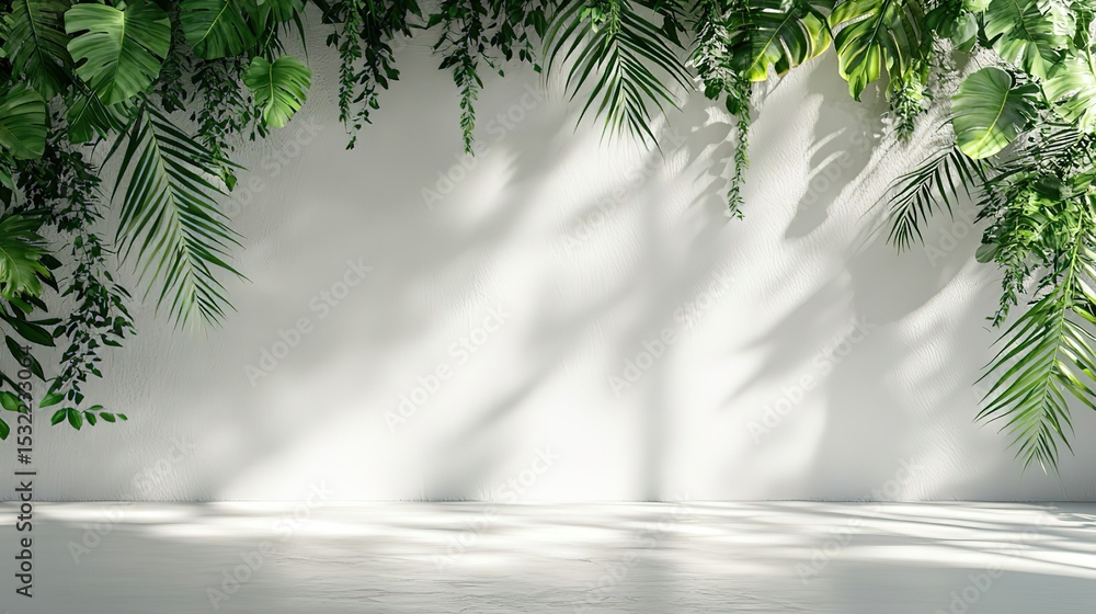 Obraz premium Minimalist white wall with palm leaf shadows background, abstract light texture design for product display, e-commerce visuals, digital media or web banners in natural flat style