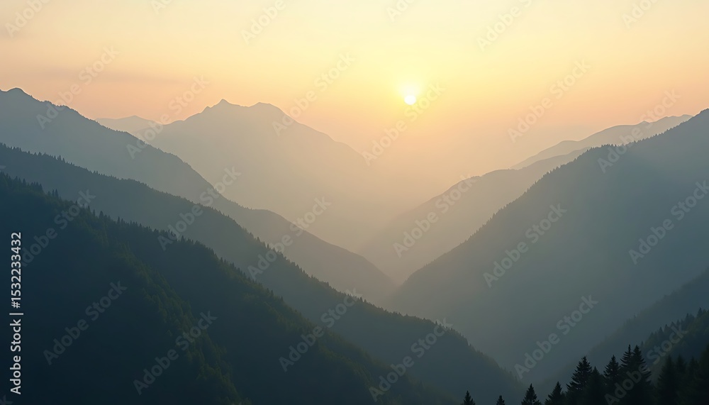 Fototapeta premium Mountain range with forest and trees at sunset in the hazy environment.