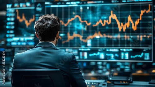 A businessman in a suit watches stock market data on a large monitor in a modern office while analyzing financial graphs and charts displayed.