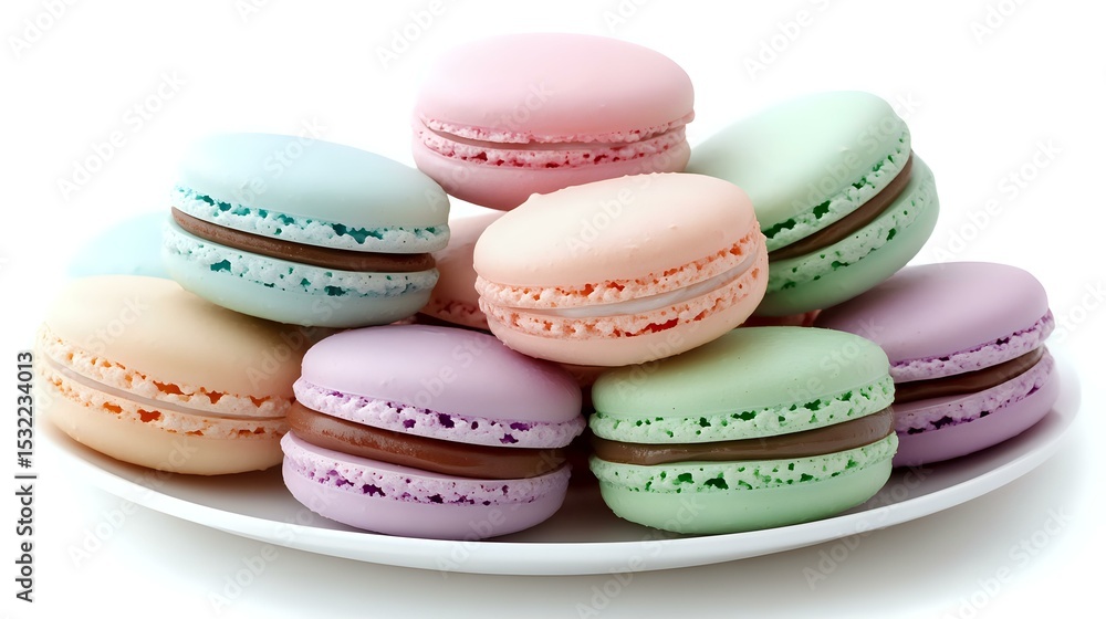 Obraz premium Colorful French macarons in pastel pink, mint green, peach and lavender arranged on white ceramic plate, sweet meringue-based sandwich cookies with cream filling.