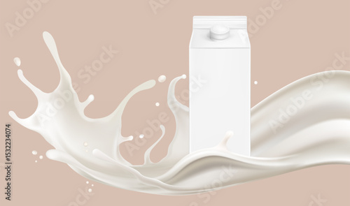 Milk liquid splashing isolated on solid color background. Realistic vector in 3D elements. Food and Drink concepts.