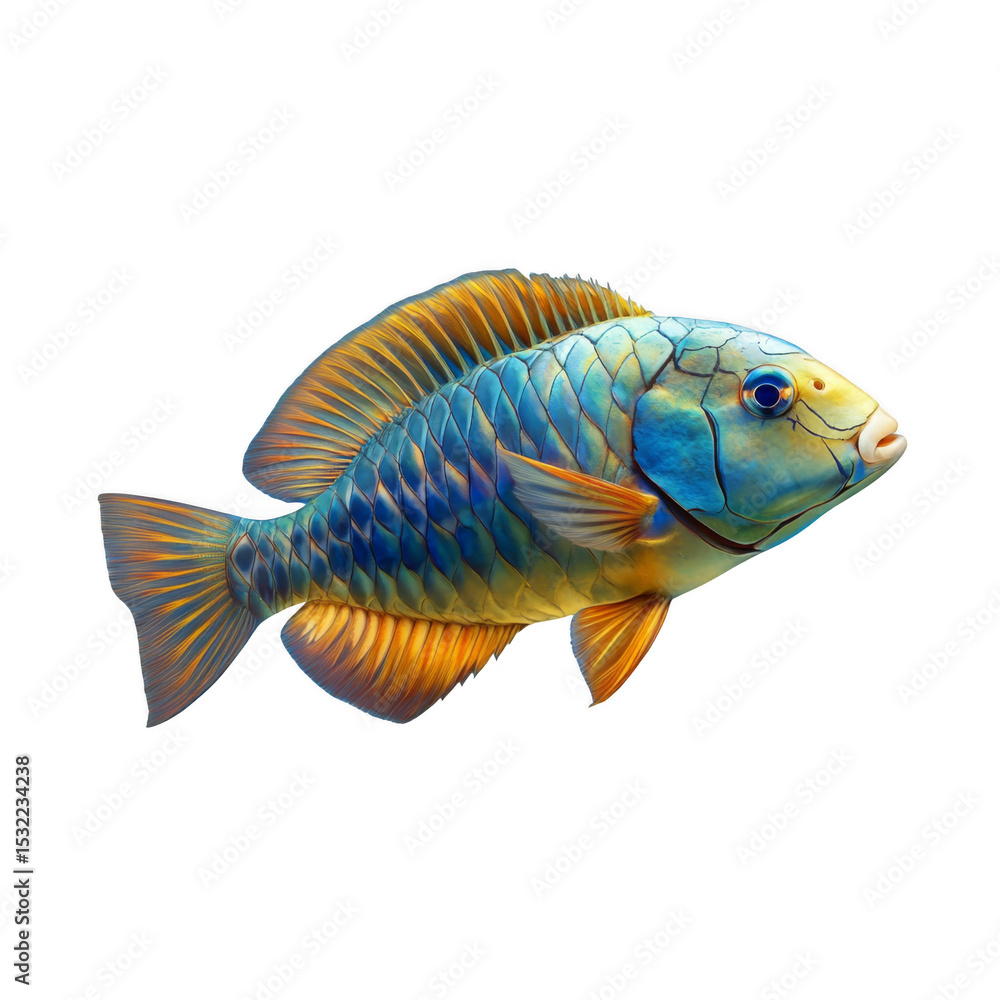 Fototapeta premium A colorful fish with vibrant blue and orange scales, detailed fins, and a streamlined body facing right. Png, Transparent background.