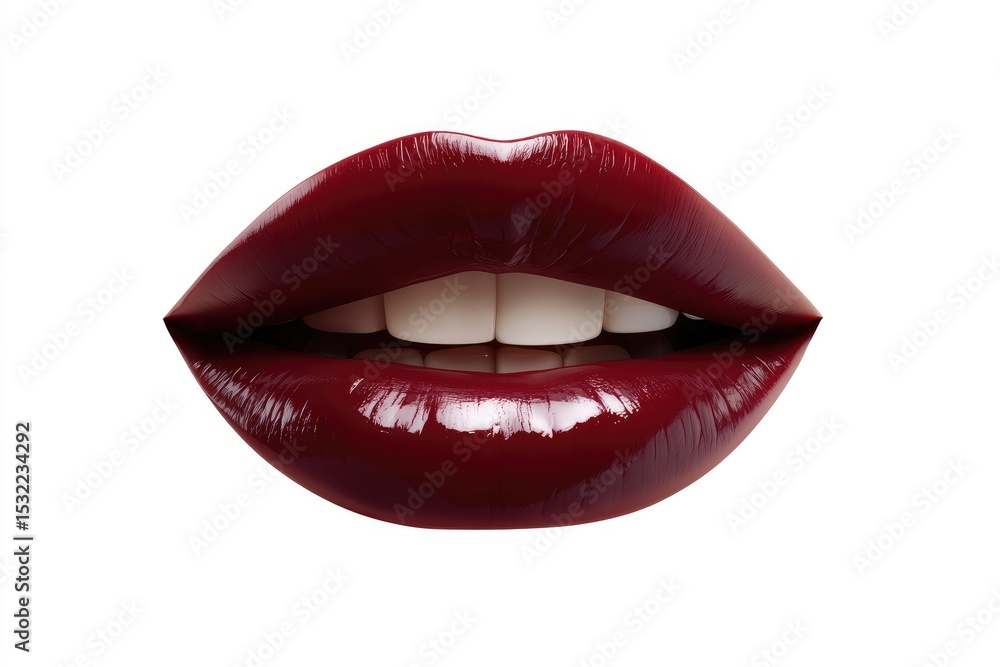 Close-up of glossy, dark red lips with teeth visible Close-up of glossy, dark red lips with teeth visible