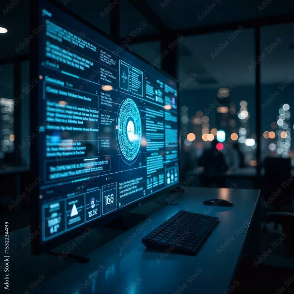 Fototapeta premium Ultra HD professional photo of a large transparent computer screen with AI interface, displaying futuristic holographic data visualizations, glowing blue elements on dark background 