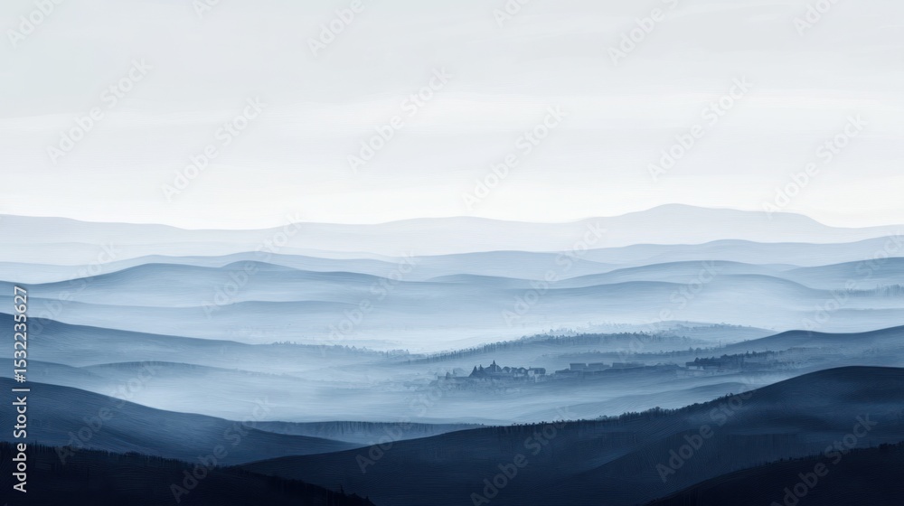 Obraz premium Serene landscape with overlapping mountain ranges shrouded in soft, atmospheric haze
