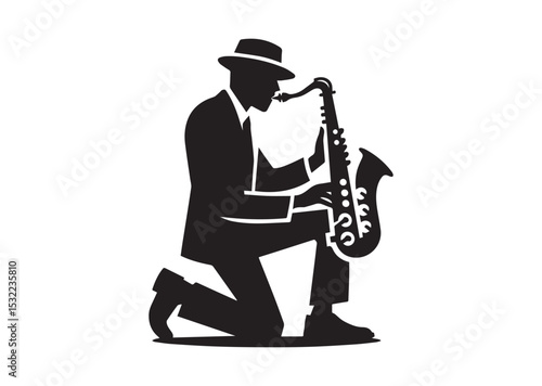 A man playing a saxophone. He is wearing a hat and is bending over Silhouette Vector