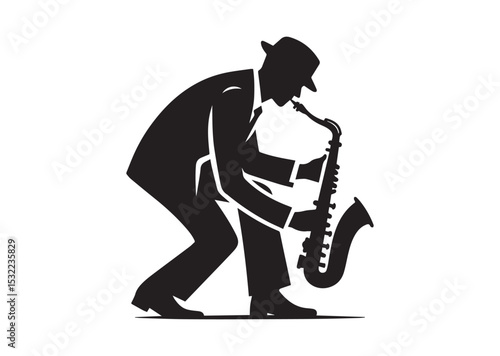 A man playing a saxophone. He is wearing a hat and is bending over Silhouette Vector