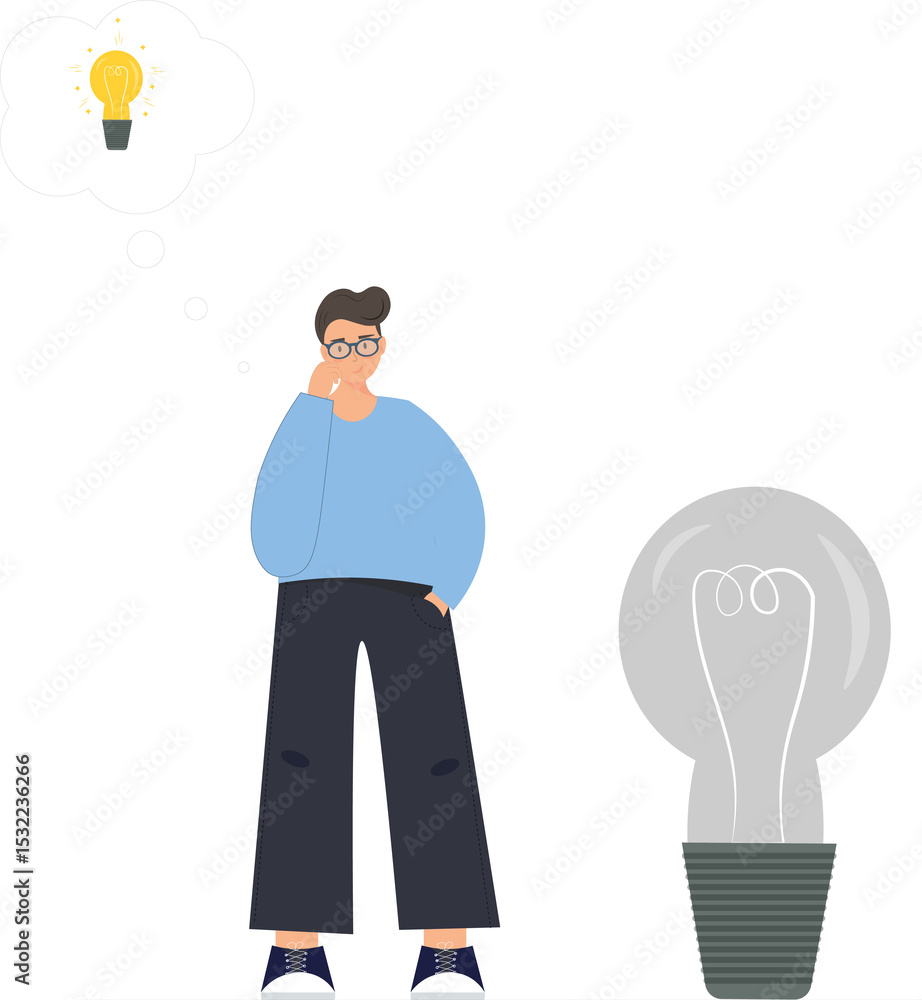 Person near light bulb, brainstorming and finding ideas, developing success business project, finding inspiration solution on plain backgroung Person near light bulb, brainstorming and finding ideas, developing success business project, finding inspiration solution on plain backgroung